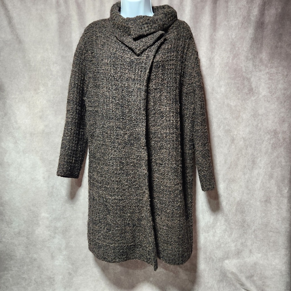 EILEEN FISHER Brown Open Cardigan Sweater Organic Wool Alpaca 2 snap Hi collar M